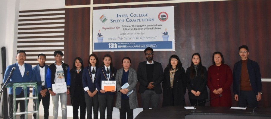 DC & DEO Kohima Shanavas C with the participants during the inter-college speech competition held at DPDB Hall Kohima on February 13. (DIPR Photo)
